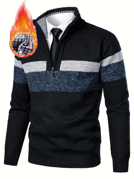 Men'S Thickened Knitted Pullover Sweater with a Color Block Design And Stand Collar, Made from Plus Velvet