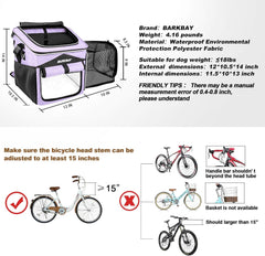 BARKBAY Dog Bike Basket Carrier, Expandable Foldable Soft-Sided Dog Carrier, 2 Open Doors, 5 Reflective Tapes, Pet Travel Bag, Safe and Easy for Small Medium Cats and Dogs (Purple)
