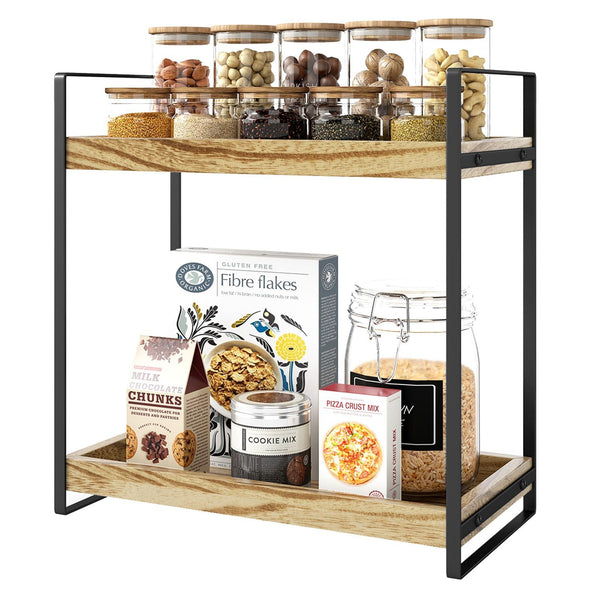 2 Tier Spice Racks Wood & Metal Organiser - Multipurpose Storage Shelf for Coffee Station, Bathroom Vanity, Kitchen Countertop (34x33x17cm) - Rustic British Home Decor