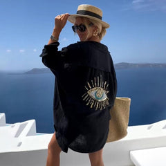 2025 Spring and Summer New Ladies Casual V-neck Pocket Splicing Sequins Loose Long-sleeved Women's Shirt, Lapel Cardigan Design.