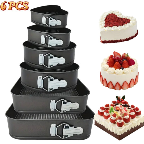 6pcs Cake Pan Set- Square/ Round/ Heart Baking Cake Mould, Carbon Steel Baking Mold with Removable Bottom, Non- Stick Pan, Baking Tools| Kitchen Accessories| Home Kitchenware