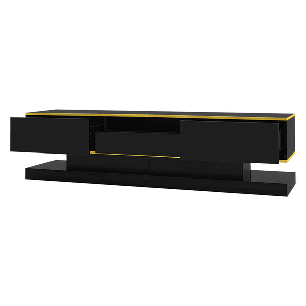 180cm LED TV Stand with 3 Drawers & Open Shelf, High Gloss Modern TV Cabinet with RGB Lights & Gold Trim, PB Board Entertainment Center for Living Room, Gaming & Home Theater - Holds up to 65 Inch TV, Smooth Glide Drawers, Scratch-Resistant, Easy Assembly