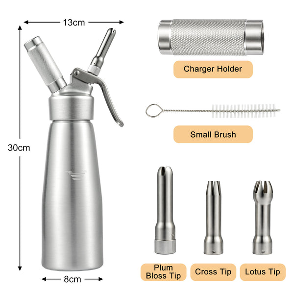 500ml butter whipper with 3 decorative nozzles. Professional butter whipper suitable for cakes, desserts, coffee, milkshakes, and home baking.