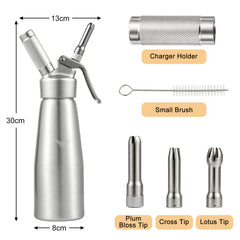 500ml butter whipper with 3 decorative nozzles. Professional butter whipper suitable for cakes, desserts, coffee, milkshakes, and home baking.