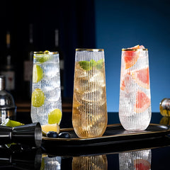 9pcs Golden Rim Striped Plastic Champagne Flutes, 9oz Stemless Clear Cocktail Glasses, Ideal for Weddings, Engagements, Birthday Parties, Graduations, Anniversaries, Catering Events, Thanksgiving, Valentine's Day, Proposals, Wine, Champagne, Mimosa