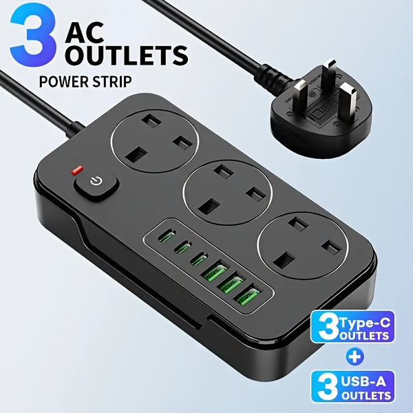2025 New 9-in-1 Multifunctional Power Strip with Multi-Hole Charger, 1 Power Strip (3AC+3USB-A+3TYPE-C), One Main Switch, Equipped with a 1.9 Meter Long Extension Cord, Designed for Home and Office Use