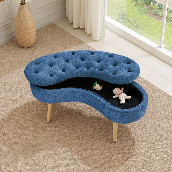 Nordic Modern Arc-shaped Design Quilted Button Fabric Upholstered Storage Stool Shoe Changing Stool with Wooden Legs, Large Capacity Shoe Changing Stool At The Entrance of The Living Room, Storage Bench At The Bed End, Blue, 103*50*46cm
