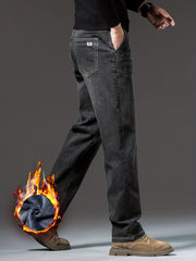 Men's Heavy-Themed Winter Light Business Casual Pants - Thickened Warm Washed Denim, Loose-Fit Mid-Rise with Internal Zipper Closure, Solid Color for Professional & -Casual Wear (Machine Washable)