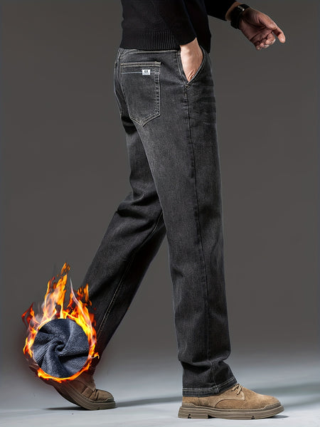 Men's Heavy-Themed Winter Light Business Casual Pants - Thickened Warm Washed Denim, Loose-Fit Mid-Rise with Internal Zipper Closure, Solid Color for Professional & -Casual Wear (Machine Washable)