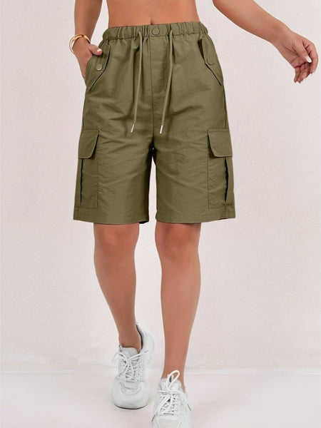 1pc Women' Elastic Waist Drawstring Cargo Shorts with Button Flap Pockets - Knee-Length Bermuda Utility Shorts Suitable for, Camping, Casual Wear, Machine Washable Multi- Shorts for Outdoor & Daily Outfits