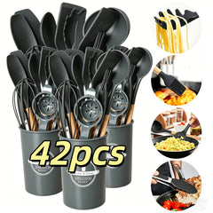 14/28/42pcs Cookware Set with Ergonomic Black/Yellow Non-Slip Handle - Complete Kitchen Utensil Collection for Baking, Grating, Slicing, Mixing, Serving - Dishwasher Safe & Space-Saving Design, Small Cooking Utensils
