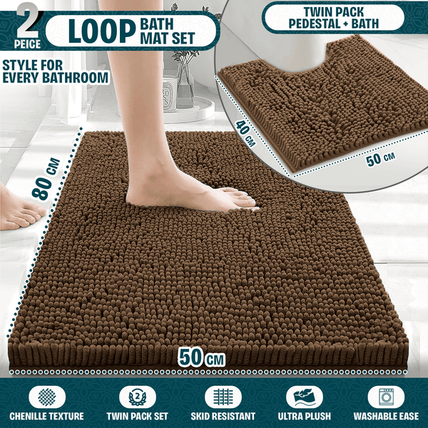 2-Piece Loop Bathroom Mat Set | Soft Chenille Microfiber Rugs with Non-Slip Backing | Machine Washable | Includes 50x80cm Bath Mat & 50x40cm Pedestal Mat | Stylish, Comfy & Durable | UK STOCK | LOCAL WAREHOUSE