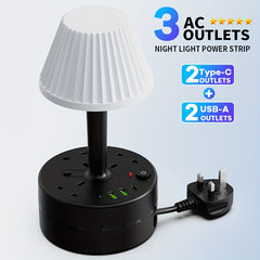 A 3-port Power Board/power Socket/power Strip with 2 USB-A And 2 USB-C Ports, Equipped with A Desk Lamp, Compatible with 220V-240V, Maximum Power 3250W, 13A, 1.8m Cable, Suitable for Home, Kitchen, Outdoor, Hotel, Office, Cruise Vacation