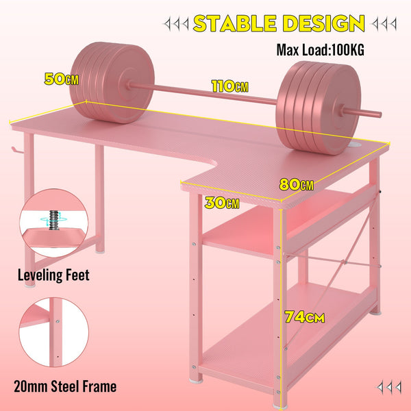 L Shaped Gaming Desk with Power Outlets Corner Computer Desk 110x80CM with Shelves Headphone Hook PC Table Workstation for Home Office Bedroom