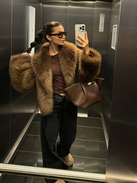 PEACHYZL Women'S Elegant Faux Fur Coat - Thickened Winter Jacket with Plush Lining, Loose Fit Long Sleeve Coat for Fall/Winter, BrownRed/