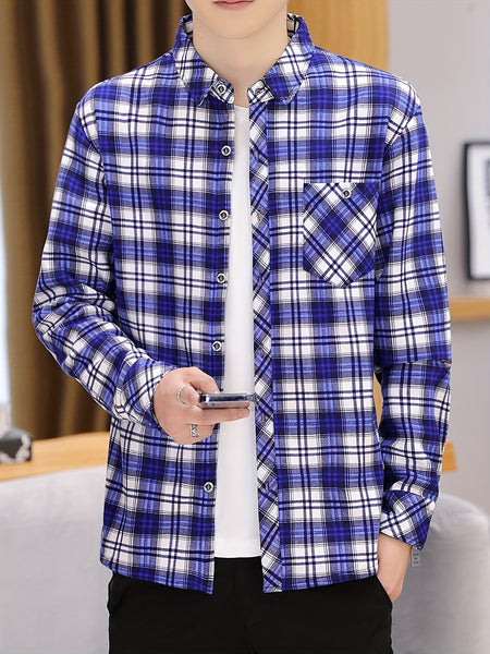 2pcs Set of Long-Sleeved Men'S Shirts, Autumn Men'S Clothing, Plaid Button- Shirts
