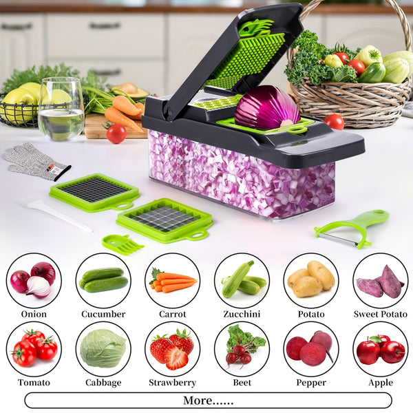 16-In-1 Vegetable Chopper - Multifunctional Manual Food Slicer, Kitchen Vegetable Slicer with Container, Onion, Carrot, Garlic, And Non-Rechargeable Plastic Kitchen Small Tool Set with Drainage Basket