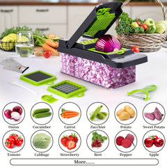 16-In-1 Vegetable Chopper - Multifunctional Manual Food Slicer, Kitchen Vegetable Slicer with Container, Onion, Carrot, Garlic, And Non-Rechargeable Plastic Kitchen Small Tool Set with Drainage Basket