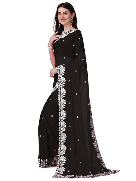 Estationeryhouse Women's Georgette Embroidery Border Work Designer Saree with Blouse Piece