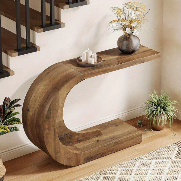 Mid-Century Modern C-Shaped Console Table 109.98 cm - Slim Engineered Wood Entryway Accent Table with Brown Finish, Easy Assembly for Living Room, Hallway, Foyer & Entryway, Console Table for Living Room, Hallway Furniture, Sturdy Furniture Construction