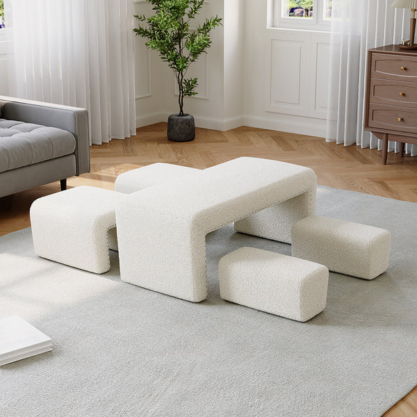 Boucle Fabric Bed End Stool 5-piece Set, Leisure Changing Shoes Stool, 5 Combination Stools, Sofa Footrest, Soft and Comfortable Bedside Bench, Suitable for Living Room Bedroom Rest Room