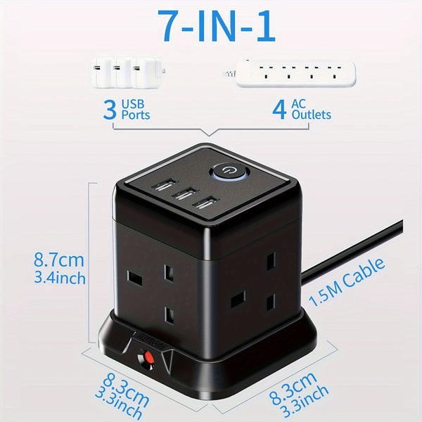Cube Extension Lead with 3 USB Slots 13A 3250W Hulker 4 Gang Plug Extension Socket with Switch 4 Way Power Strip with 3 USB Port 1.5m Extension Cord Black for Home Dorm Office Travel