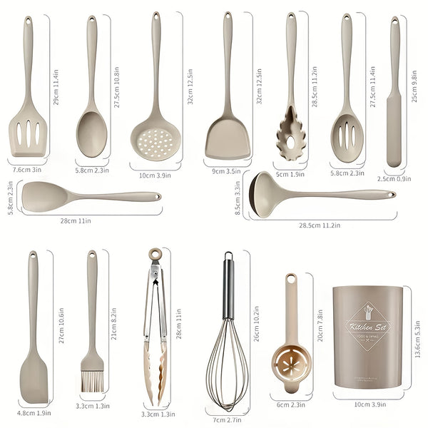 Silicone Kitchen Utensils Set 15pcs, Food Grade Silicone Cooking Utensils with Storage Holder, Non-Scratch Dishwasher Safe Non-Stick Cookware Friendly for Cooking Baking Frying Mixing Stirring Serving Grilling Kitchen Prep, Black & Khaki Available