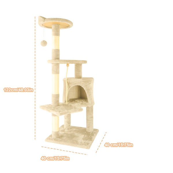 A Luxurious Beige Cat Tree, Super Large And Four Stories High, Featuring a Scratching Post, a Hanging Ball, And a Snug Little House. an Ideal Present for Indoor Cats, This Cat Tower Includes a Litter Area And a Scratching Board