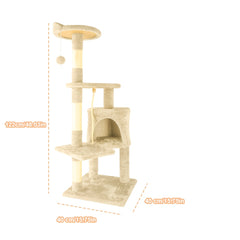 A Luxurious Beige Cat Tree, Super Large And Four Stories High, Featuring a Scratching Post, a Hanging Ball, And a Snug Little House. an Ideal Present for Indoor Cats, This Cat Tower Includes a Litter Area And a Scratching Board