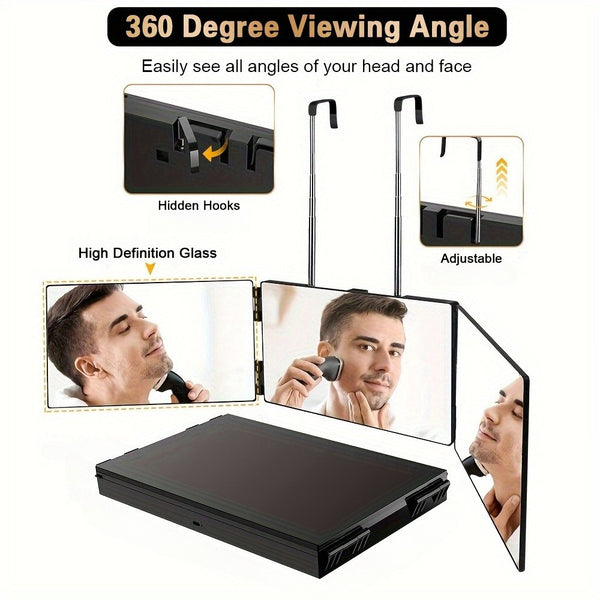 3-Way Hair Cutting Mirror, 360-Degree Viewing Angle Self Haircut Mirror with Clear HD Glass & Plastic Frame, Adjustable Triple Fold Mirror for Seeing Back of Head, Personal Care Beauty Essential