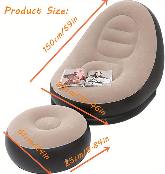 59-Inch Inflatable Lounge Chair Designed for Adults, a Portable Lazy Sofa Complete with a Footstool. This Flocked Recliner Is Perfect for Both Indoor And Outdoor Use
