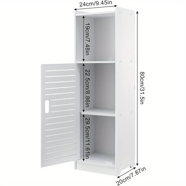 Bathroom Storage Cabinet | White Wood-Plastic Freestanding Organizer | 3-Tier with Slatted Doors & Open Shelf | Space-Saving Design for Bathroom, Kitchen, Bedroom | Modern Minimalist Style, Versatile Cabinet | Slatted Door Design | Woodplastic Material, B