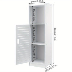 Bathroom Storage Cabinet | White Wood-Plastic Freestanding Organizer | 3-Tier with Slatted Doors & Open Shelf | Space-Saving Design for Bathroom, Kitchen, Bedroom | Modern Minimalist Style, Versatile Cabinet | Slatted Door Design | Woodplastic Material, B