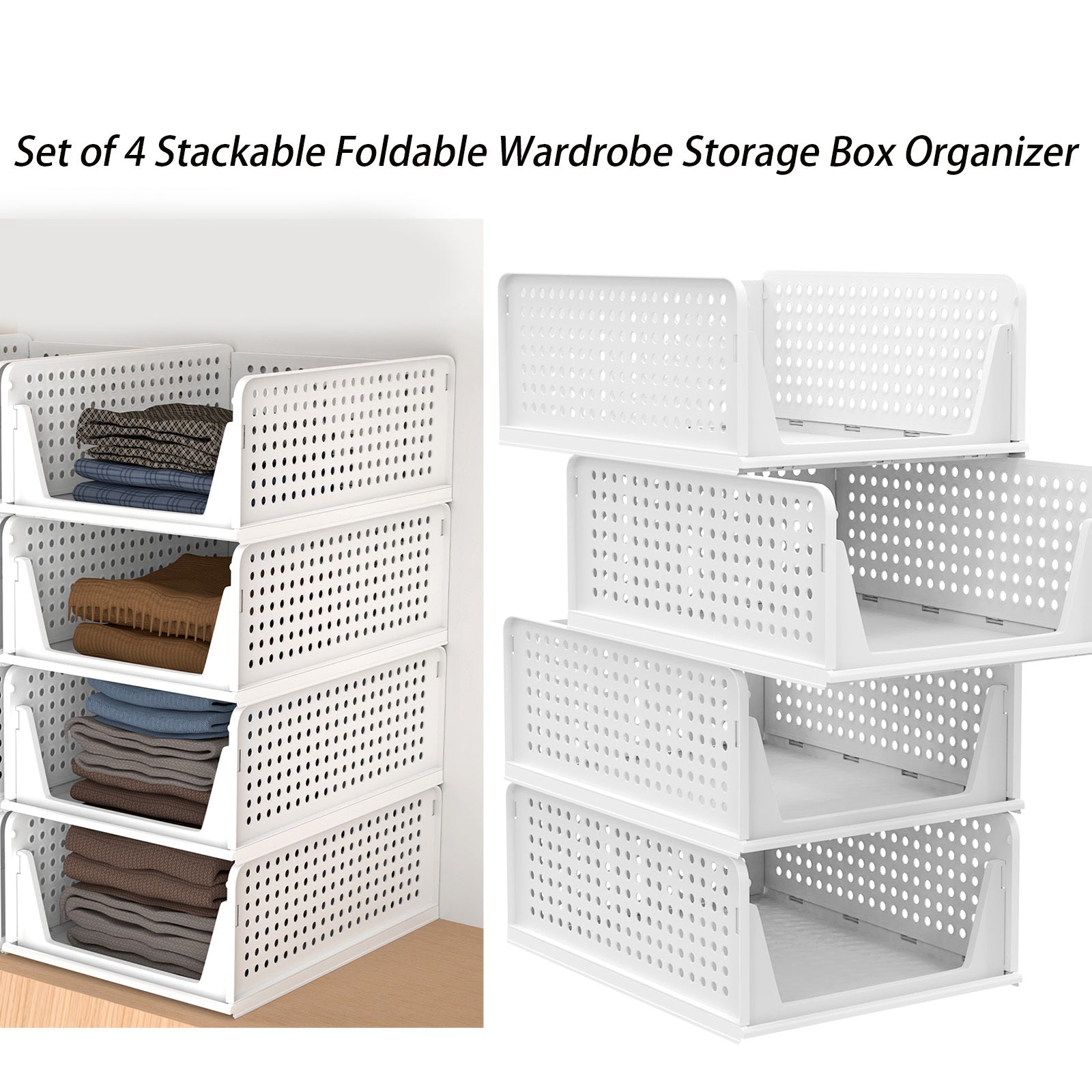 Set of 4 Stackable Foldable Wardrobe Storage Box Organizer, Plastic White Wardrobe Shelves Closet Organiser Box, Pull Out Like a Drawer, Suitable for Home, Bedroom, Kitchen (Easy Open and Folding)