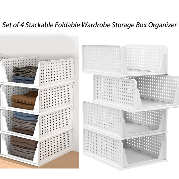 Set of 4 Stackable Foldable Wardrobe Storage Box Organizer, Plastic White Wardrobe Shelves Closet Organiser Box, Pull Out Like a Drawer, Suitable for Home, Bedroom, Kitchen (Easy Open and Folding)