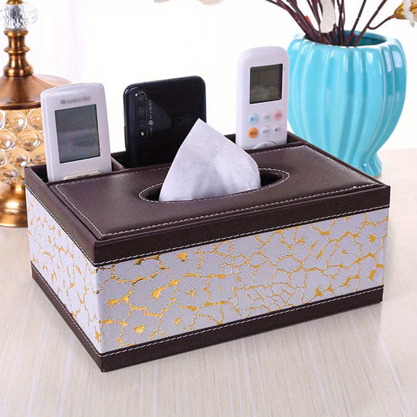 Multi-Functional Faux Leather Tissue & Storage Box with 4 Compartments, Includes Remote Control & Household Napkin Storage, Wipe-Clean in Seconds, Ideal for Living Room, Study & Café Countertops, Perfect for Home Supplies, Back to School & Festive Decorat