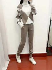 Women's Fashionable Plaid Sweater Set, New Autumn/ winter Style, Casual Plaid Two-piece Sweater Set, Drawstring Elastic Waist, Side Pockets, Suitable for Autumn/ winter Casual Wear and Daily Commuting, Combining Fashion and Warmth.