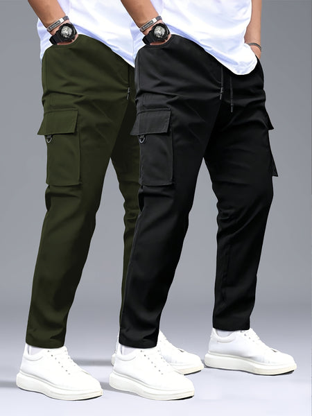 Men's 2pcs Cargo Pants with Drawstring Waist and Multiple Pockets, Suitable for Outdoor Casual Wear