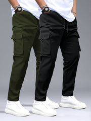 Men's 2pcs Cargo Pants with Drawstring Waist and Multiple Pockets, Suitable for Outdoor Casual Wear