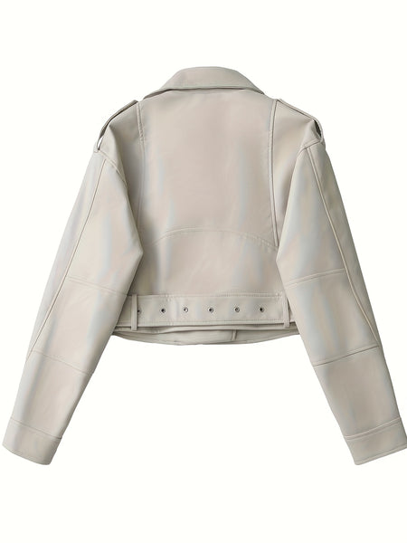 Women'S PU Motorcycle Jacket with Full-Zip Front Closure, Asymmetrical Zipper & Belted Waist - All-Season Casual Biker Jacket, Regular Fit Long Sleeve, Full-Length Zipper & Buckle Closure, White/Black Color Options for Everyday & Motorcycle Riding - Durab