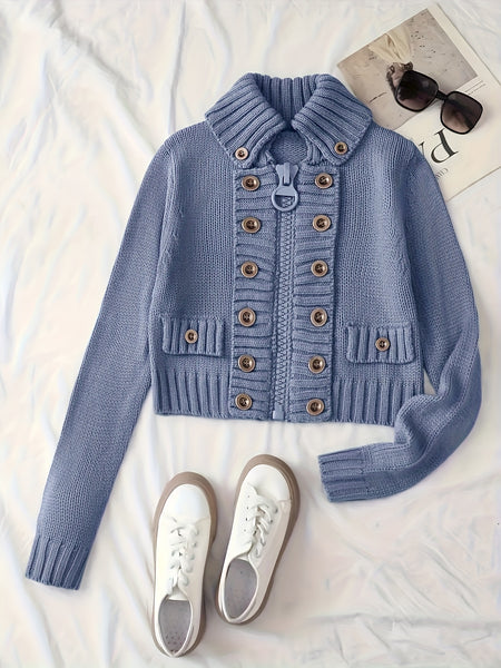 Christmas Women's Elegant Cardigan - Front Zipper & Multi Buttons, Stand-Up Collar Sweater, Structured Fit for Office, Party, Everyday - All-Season Chic Outerwear, Office Wear, Textured Knitwear, Ribbed Texture, Stylish Coverup, Working Professionals