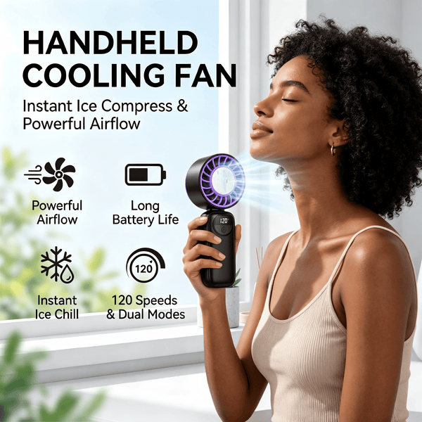 Portable Handheld Fan, High Speed Hand Held Turbo Fan (16800RPM) with Ice Cooler, 120 Wind Gear, LED Display, 90°Foldable, Up to 22 Hrs, Rechargeable USB Face Fan for Travel, Outdoor, Home, Office