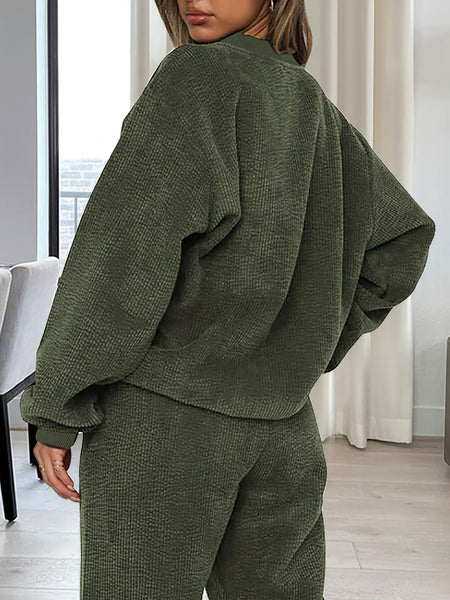 Women's Fashion Solid Color Round Neck Long Sleeve Top and Drawstring Pants Casual Two-Piece Set