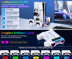 For Ps5/Slim/Pro Cooling Station And Controller Charging Station with RGB Stand for Playstation 5 Console - for PS5 Controller Charger, Cooling Stand Accessory Kit-Cooler Fan/Headset Holder/3 USB Hub, White
