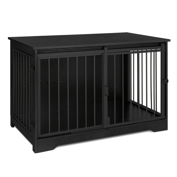Dog Crate Furniture, 100.08cm Double Door Dog Crate with Barn Door, Dog Kennel Indoor, End Side Table Wooden Dog Crate for Small Medium Large Dog, Anti-Chew Anti-Escape, Greige, White