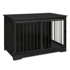 Dog Crate Furniture, 100.08cm Double Door Dog Crate with Barn Door, Dog Kennel Indoor, End Side Table Wooden Dog Crate for Small Medium Large Dog, Anti-Chew Anti-Escape, Greige, White