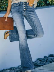 2025 New Women'S High-Stretch Flared Pants, Mid-Rise Fitted, Solid Hue, Suitable for All Seasons (55%, 43%, 2% Elastic Fiber), Button Closure, Pockets, Urban Style, Long - Out