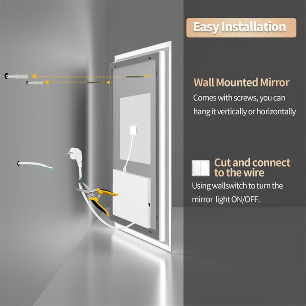 Square LED Bathroom Mirror Measuring 800X800Mm, Featuring Illuminated Backlighting, Wall Mounting, an Anti-Fog Demister, a Smart Touch Button, And Dimmable Settings for Makeup Application