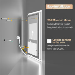 Square LED Bathroom Mirror Measuring 800X800Mm, Featuring Illuminated Backlighting, Wall Mounting, an Anti-Fog Demister, a Smart Touch Button, And Dimmable Settings for Makeup Application