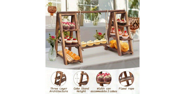 Wooden Double Dessert Table Display Set Rack 3 Tier Serving Tray Solid Wood Ladder Stand Wedding Cupcake Stand Dark Walnut Decorative Tray for Cake Snack Fruit Chips Bread Centerpieces